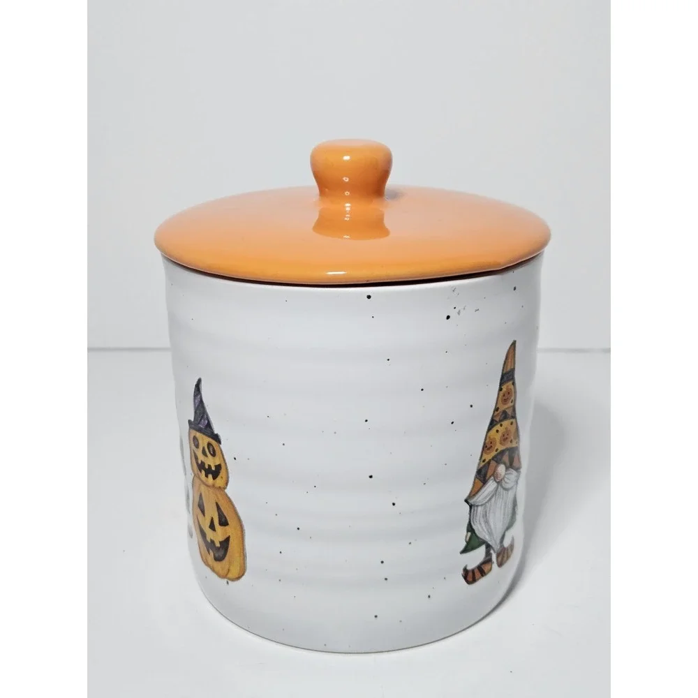 Cobwebs And Cauldrons Halloween Gnome Pumpkin Ceramic Canister Cookie Jar Orange